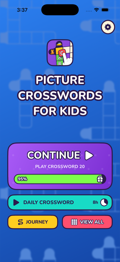 The home screen, showing the Continue button and progress towards the next milestone.