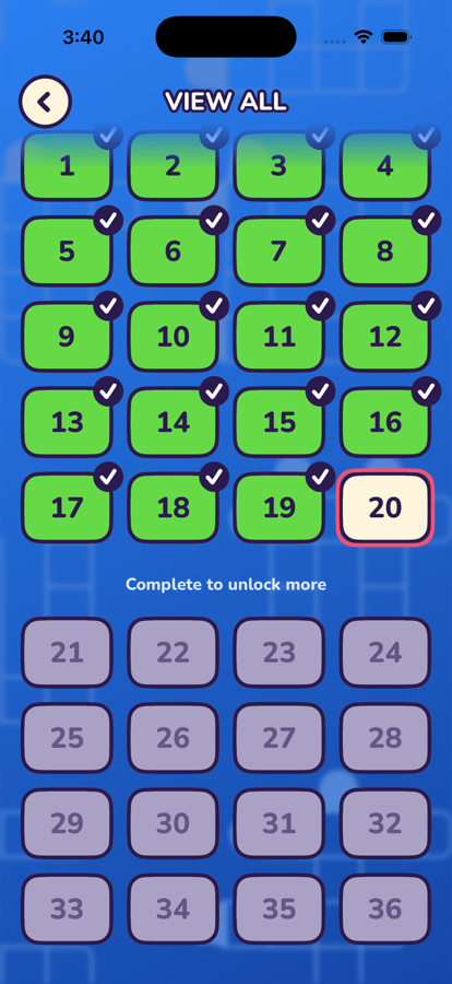 The full list of crosswords, with finished ones ticked in green.